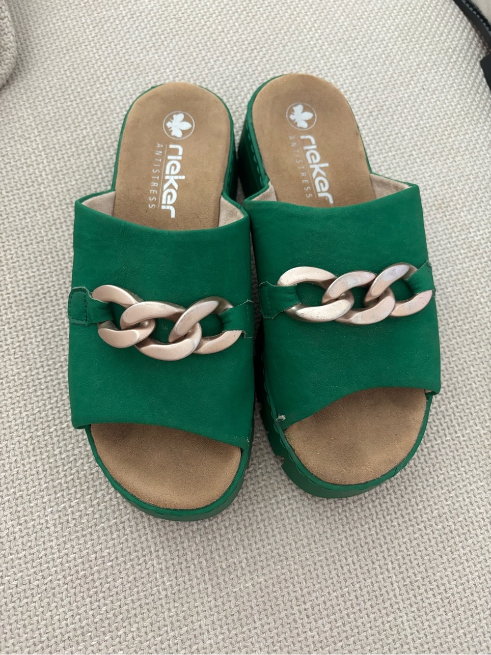 Rieker Green Slide Mules with Gold Chain Accent
